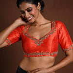 Orange Bridal Blouse with Half Sleeves in Raw Silk and Back Cutout - Anvi Couture