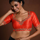 Orange Bridal Blouse with Half Sleeves in Raw Silk and Back Cutout - Anvi Couture