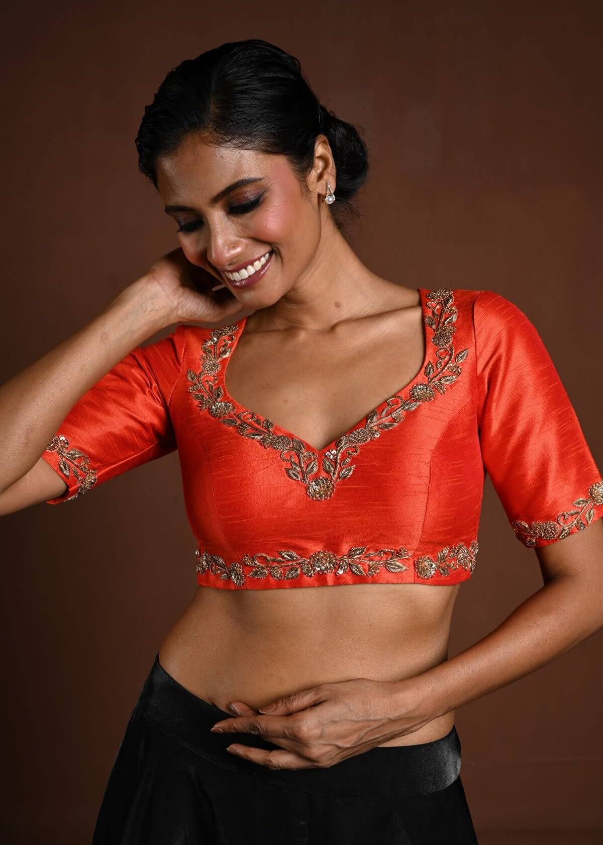 Orange Bridal Blouse with Half Sleeves in Raw Silk and Back Cutout - Anvi Couture