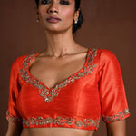 Orange Bridal Blouse with Half Sleeves in Raw Silk and Back Cutout - Anvi Couture