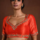Orange Bridal Blouse with Half Sleeves in Raw Silk and Back Cutout - Anvi Couture