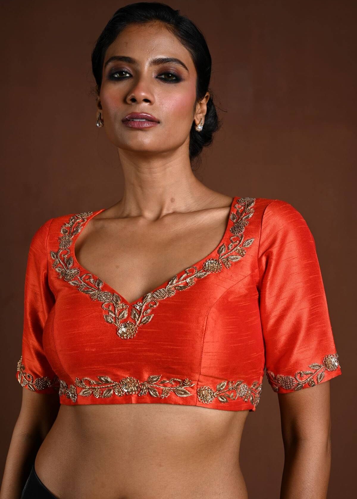 Orange Bridal Blouse with Half Sleeves in Raw Silk and Back Cutout - Anvi Couture