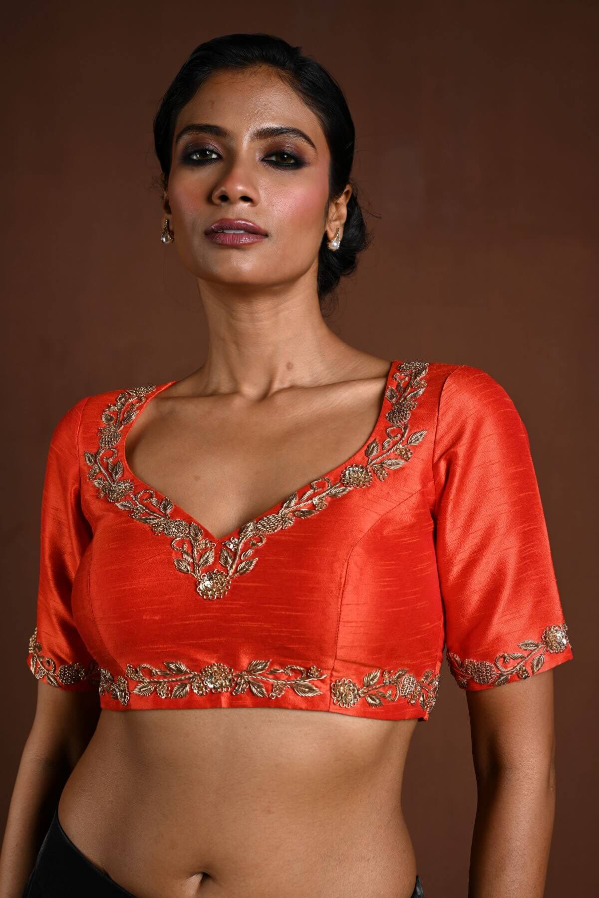 Orange Bridal Blouse with Half Sleeves in Raw Silk and Back Cutout - Anvi Couture