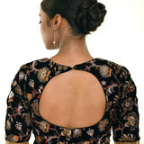 Black Velvet Embroidery Blouse With Tassel Detailing and Curved V Neckline - Anvi Couture