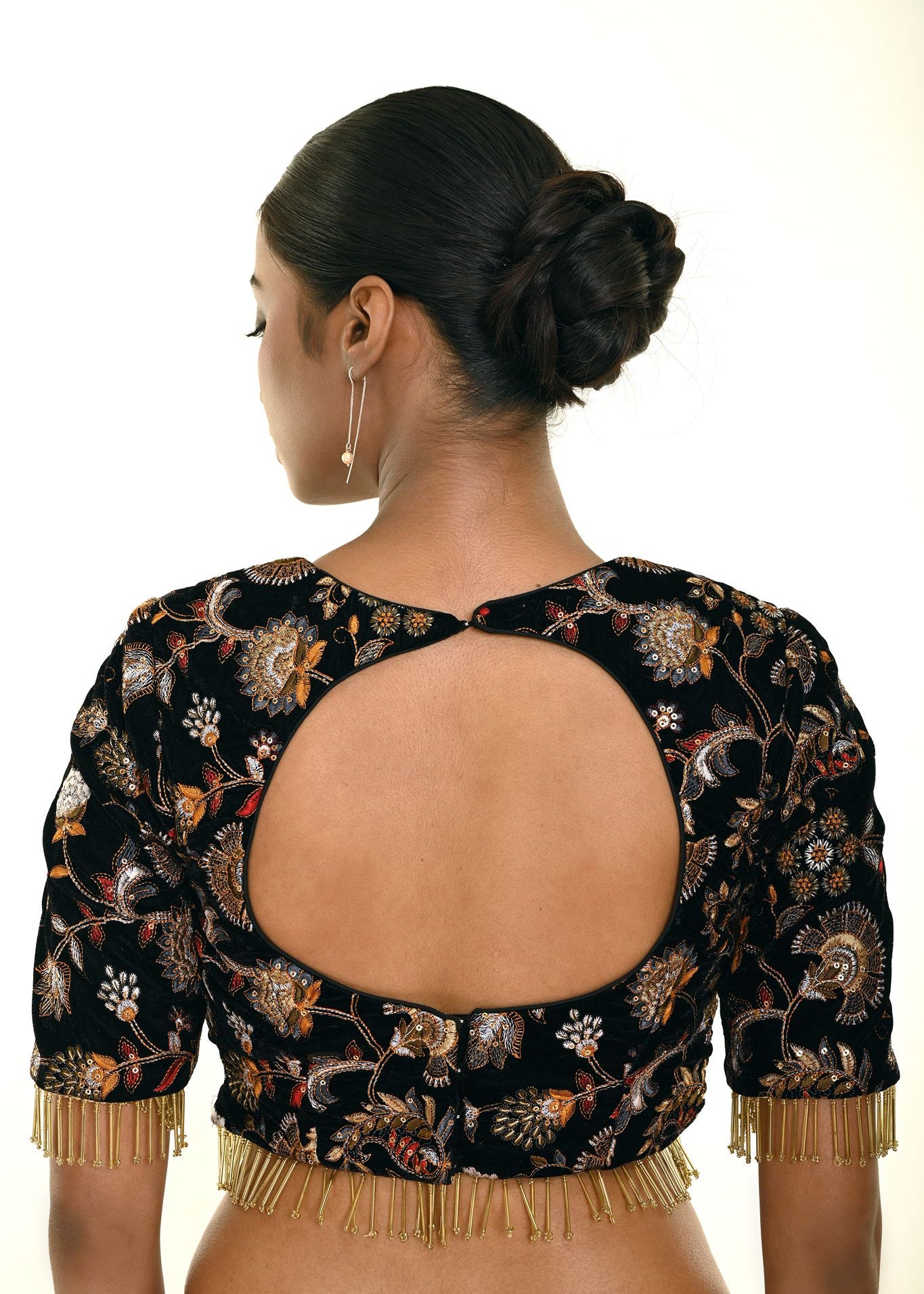 Black Velvet Embroidery Blouse With Tassel Detailing and Curved V Neckline - Anvi Couture