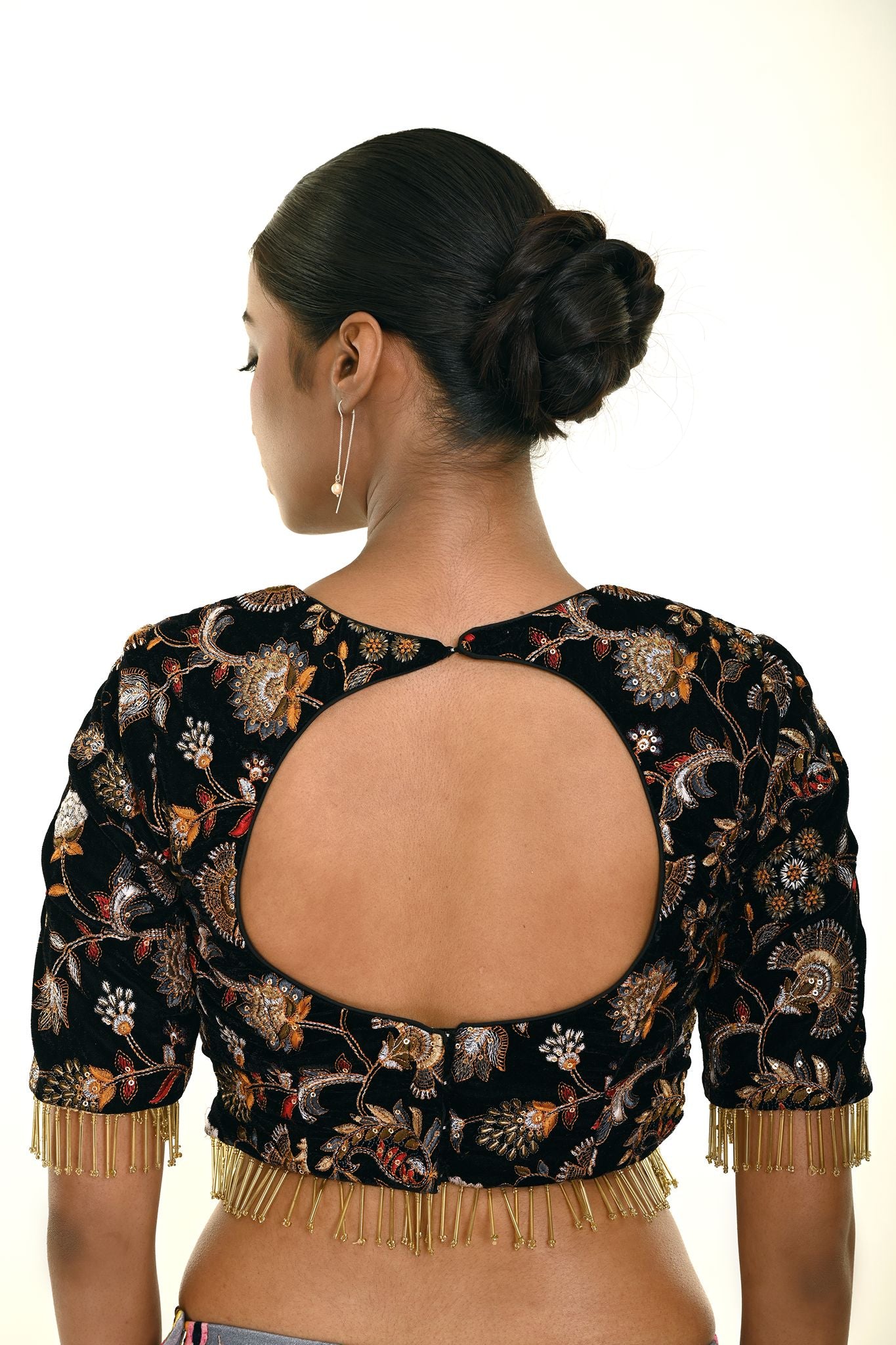 Black Velvet Embroidery Blouse With Tassel Detailing and Curved V Neckline - Anvi Couture