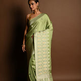 Sea Green Satin Silk Handloom Banarasi Saree - Anvi Couture