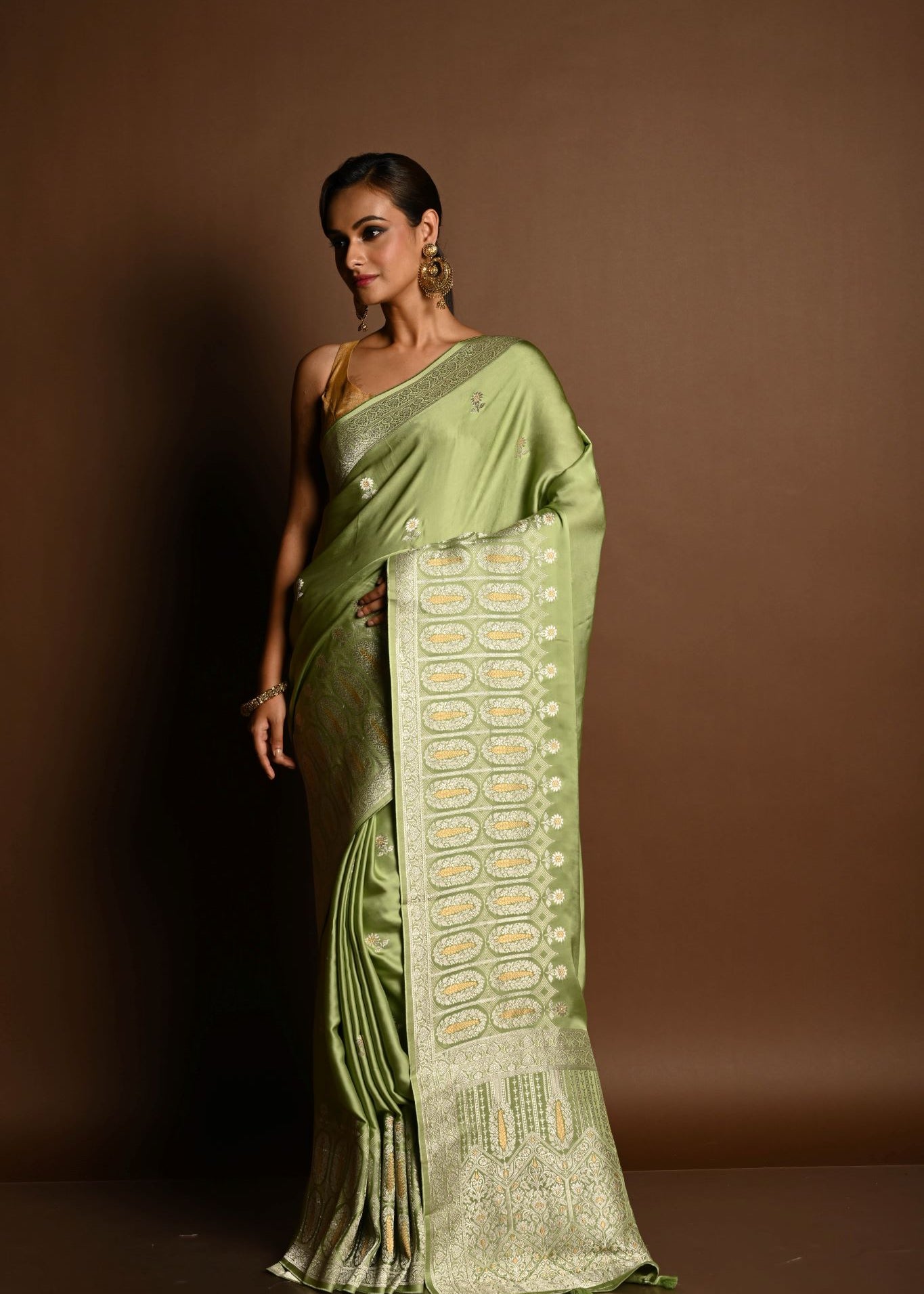 Sea Green Satin Silk Handloom Banarasi Saree - Anvi Couture