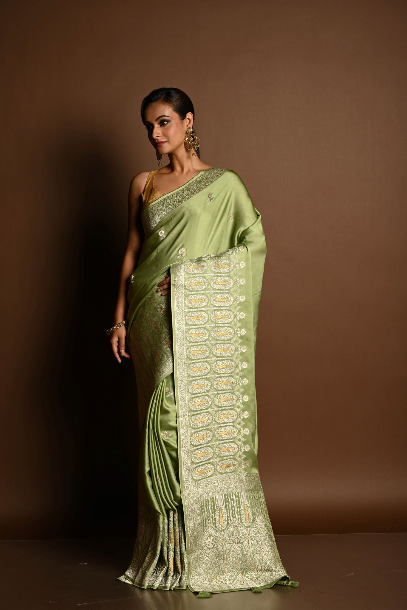 Sea Green Satin Silk Handloom Banarasi Saree - Anvi Couture