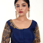 Royal Blue Aari Work Bridal Blouse in Pure Silk - Anvi Couture