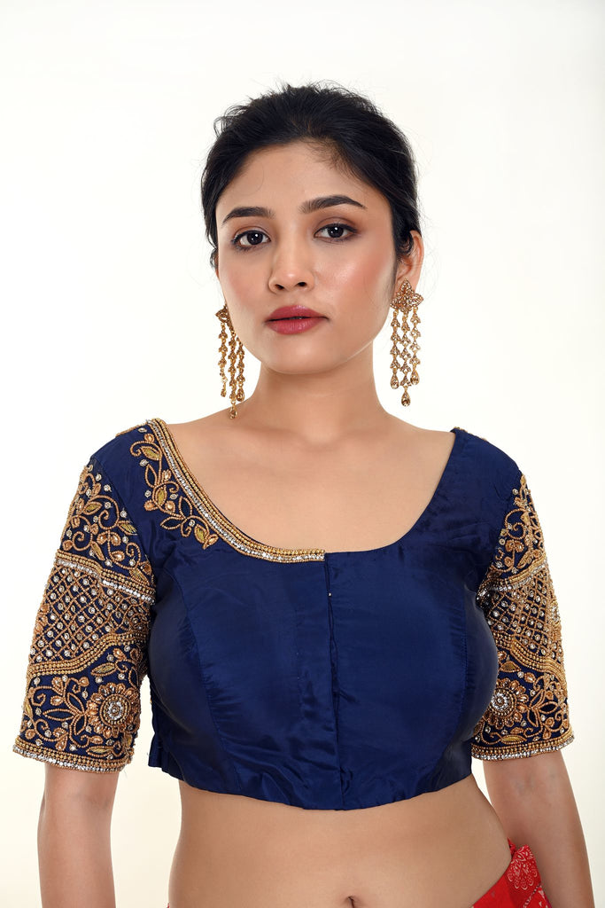 Royal Blue Aari Work Bridal Blouse in Pure Silk