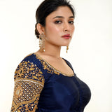 Royal Blue Aari Work Bridal Blouse in Pure Silk - Anvi Couture