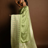 Sea Green Satin Silk Handloom Banarasi Saree - Anvi Couture