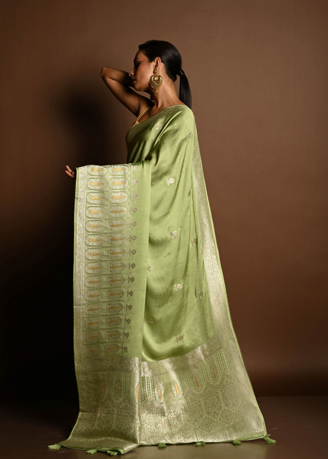 Sea Green Satin Silk Handloom Banarasi Saree - Anvi Couture