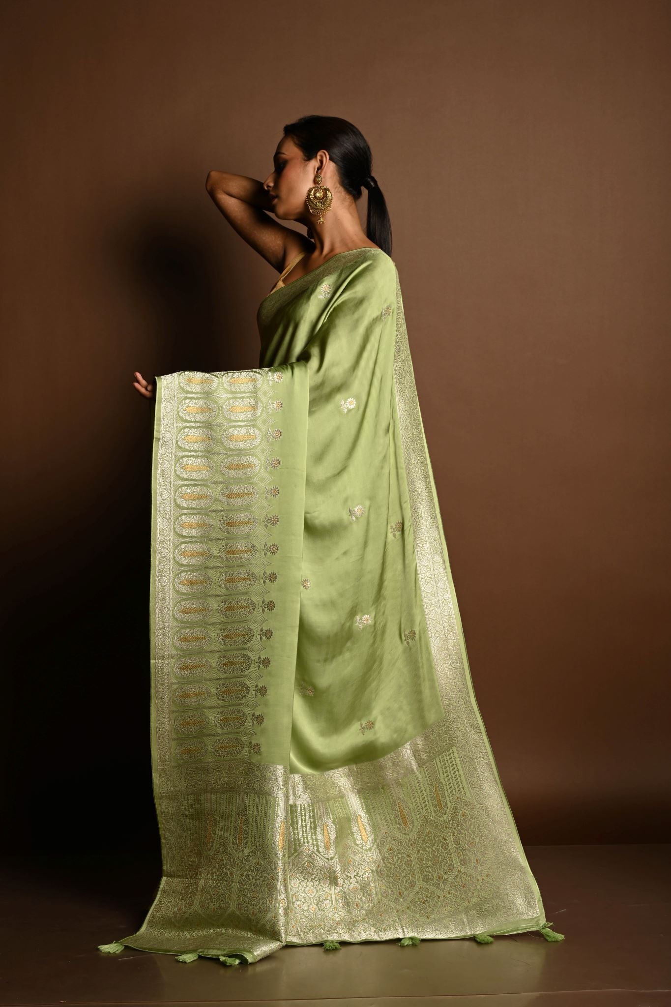 Sea Green Satin Silk Handloom Banarasi Saree - Anvi Couture