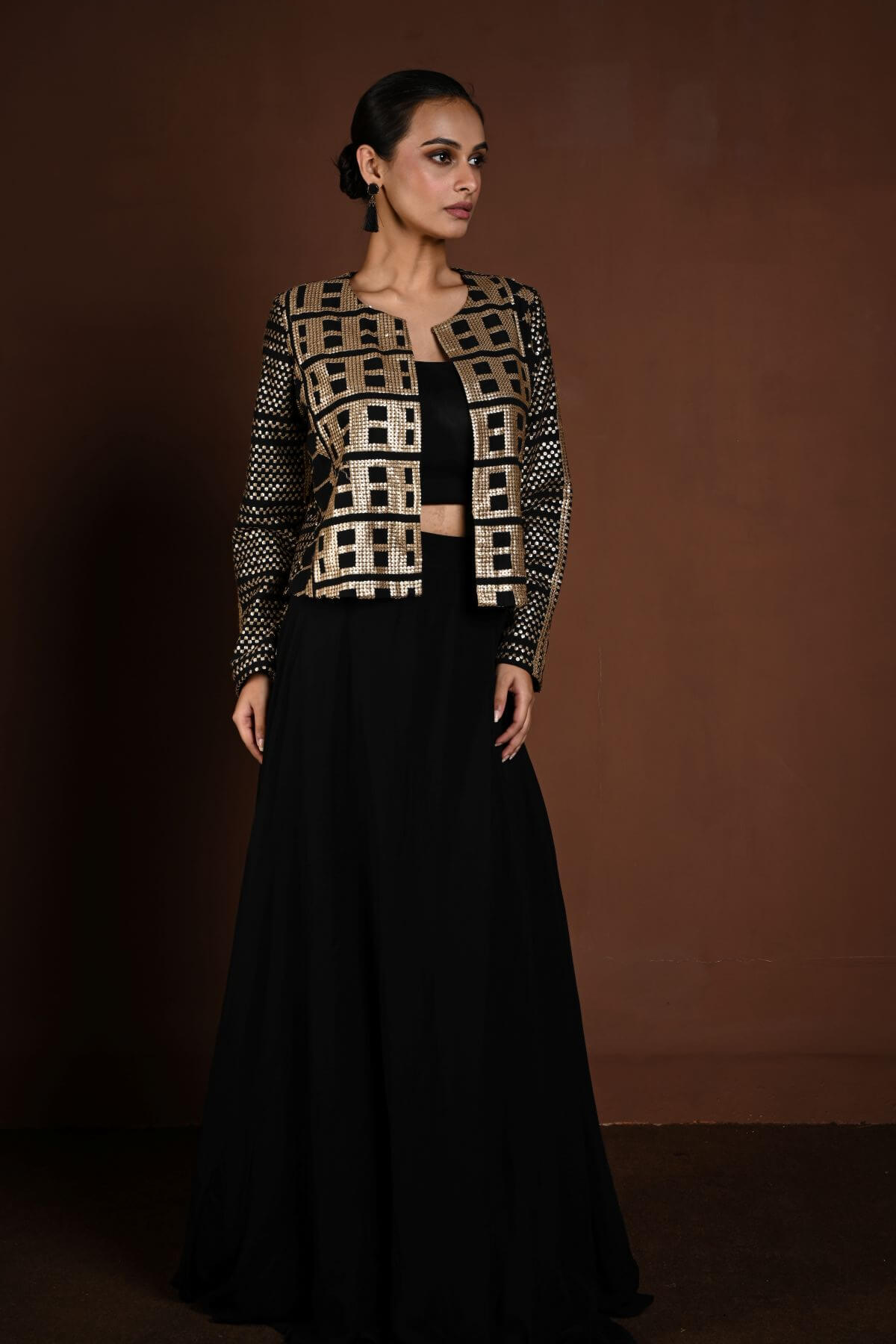 Black Jacket Lehenga with Gold Sequin Embellishment - Anvi Couture