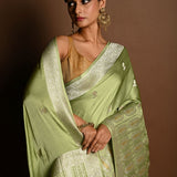 Sea Green Satin Silk Handloom Banarasi Saree - Anvi Couture