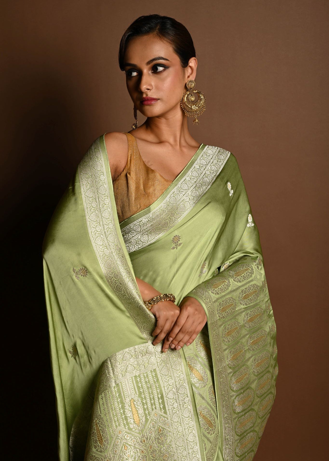 Sea Green Satin Silk Handloom Banarasi Saree - Anvi Couture