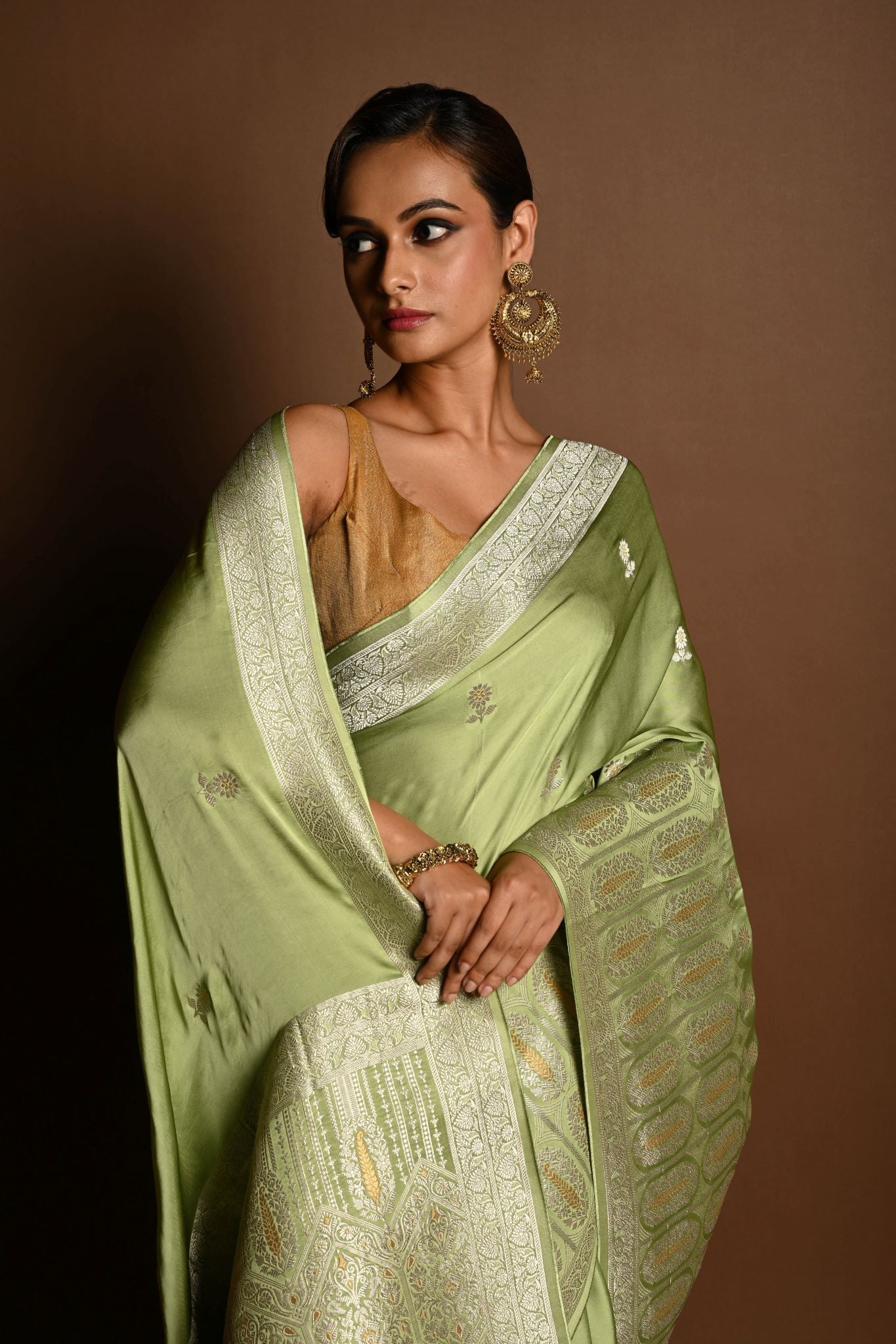 Sea Green Satin Silk Handloom Banarasi Saree - Anvi Couture