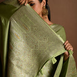 Sea Green Satin Silk Handloom Banarasi Saree - Anvi Couture