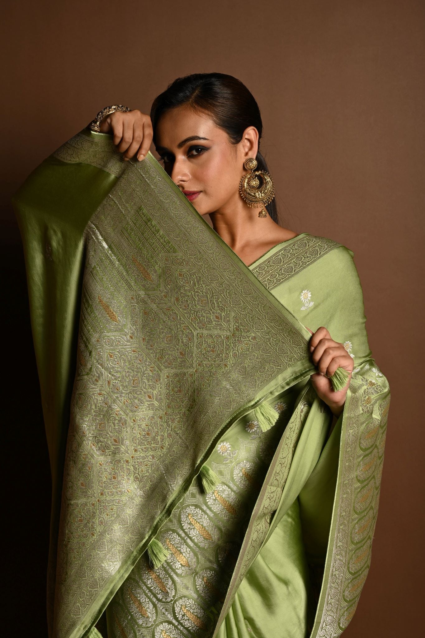 Sea Green Satin Silk Handloom Banarasi Saree - Anvi Couture