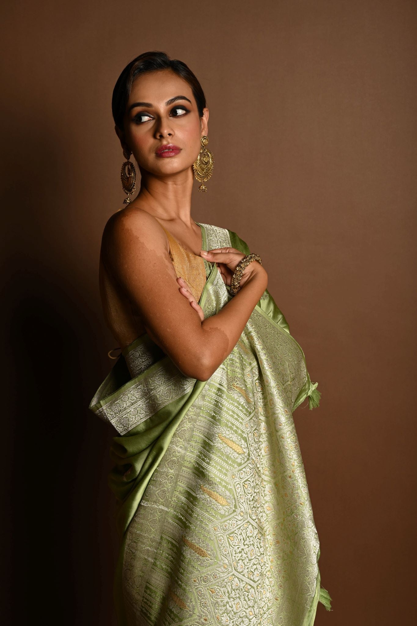 Sea Green Satin Silk Handloom Banarasi Saree - Anvi Couture