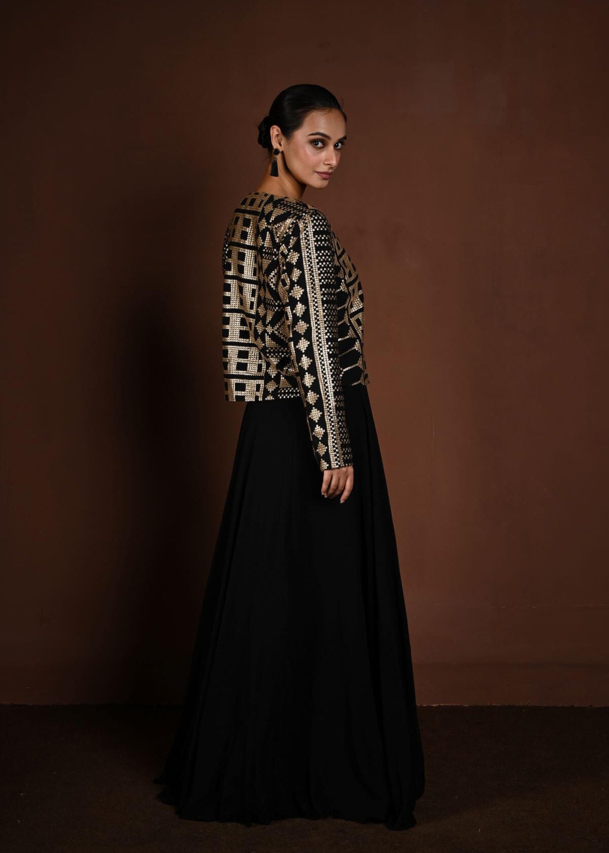 Black Jacket Lehenga with Gold Sequin Embellishment - Anvi Couture