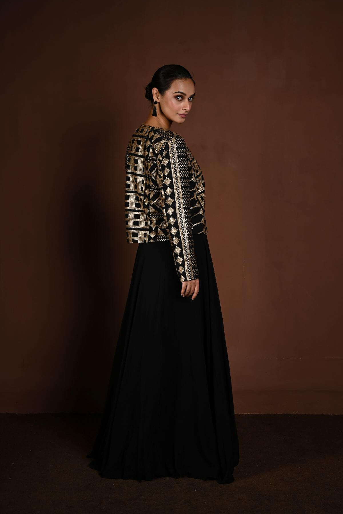 Black Jacket Lehenga with Gold Sequin Embellishment - Anvi Couture