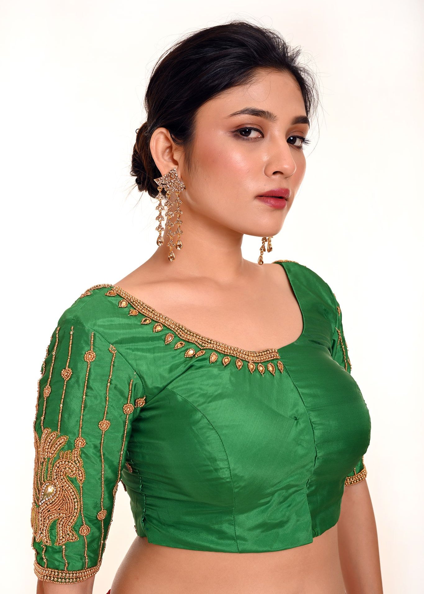 Simple Aari Work Blouse in Green Color Pure Silk Fabric - Anvi Couture Image 2 - Bridal Blouse 