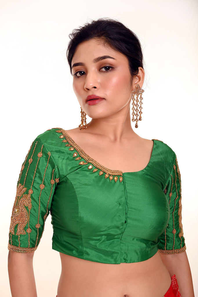 Simple Aari Work Blouse in Green Color Pure Silk Fabric
