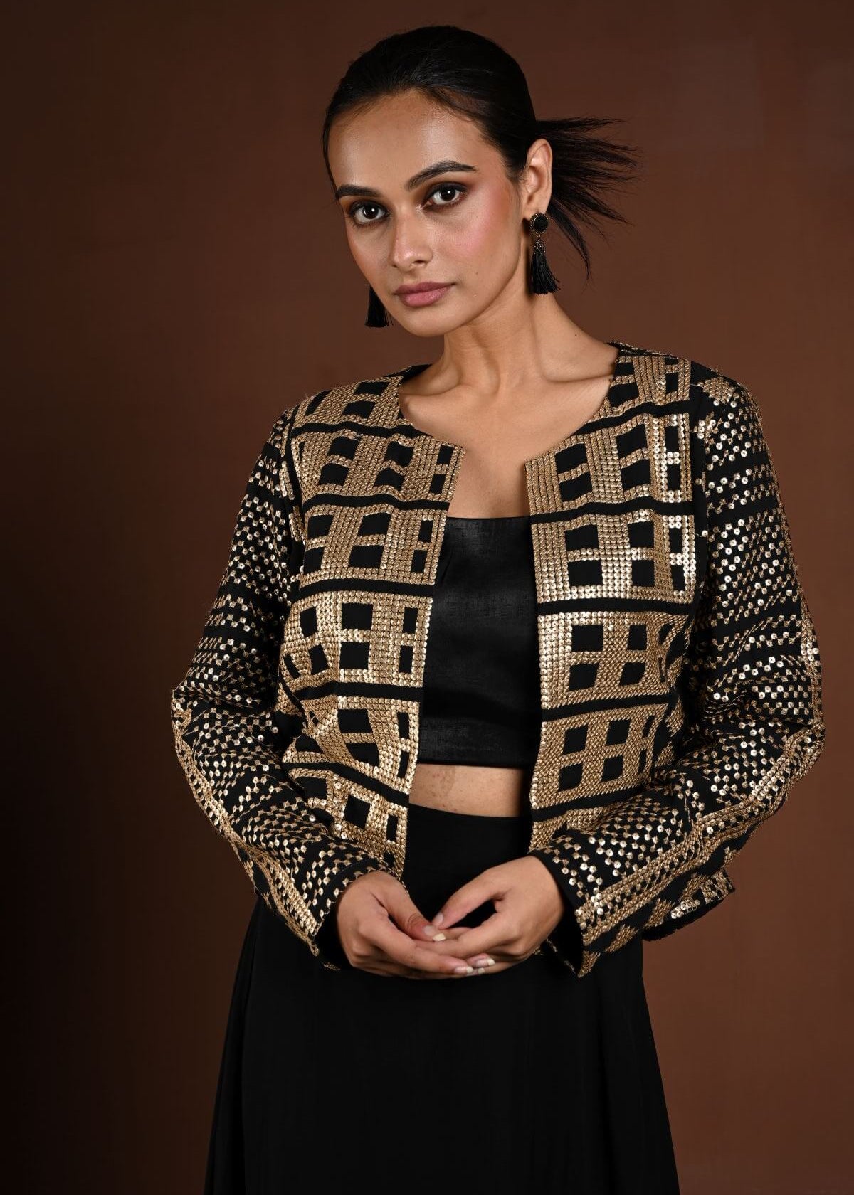 Black Jacket Lehenga with Gold Sequin Embellishment - Anvi Couture