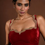 Maroon Sleeveless Blouse in Velvet with Hand Embroidery - Anvi Couture