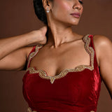 Maroon Sleeveless Blouse in Velvet with Hand Embroidery - Anvi Couture