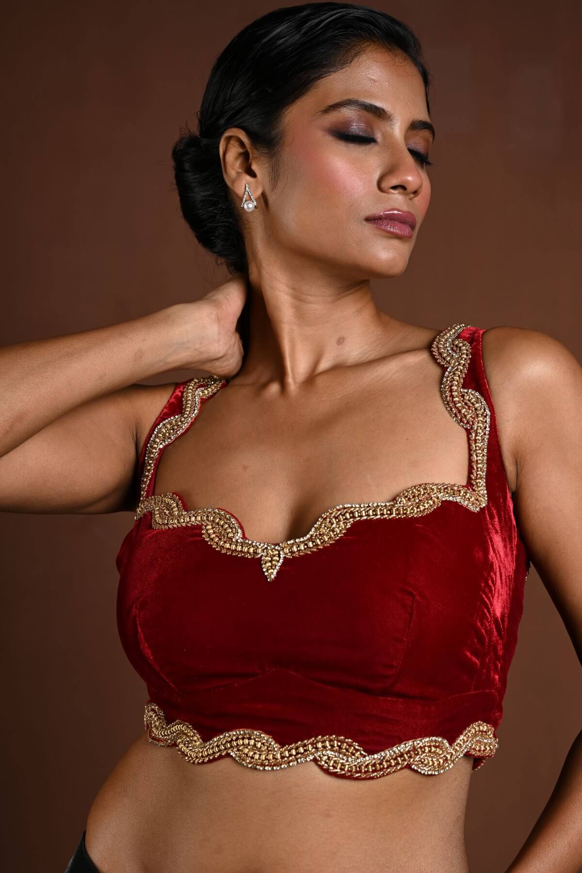 Maroon Sleeveless Blouse in Velvet with Hand Embroidery - Anvi Couture