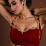 Maroon Sleeveless Blouse in Velvet with Hand Embroidery - Anvi Couture