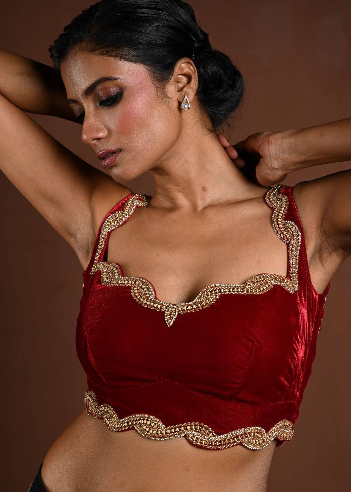 Maroon Sleeveless Blouse in Velvet with Hand Embroidery - Anvi Couture