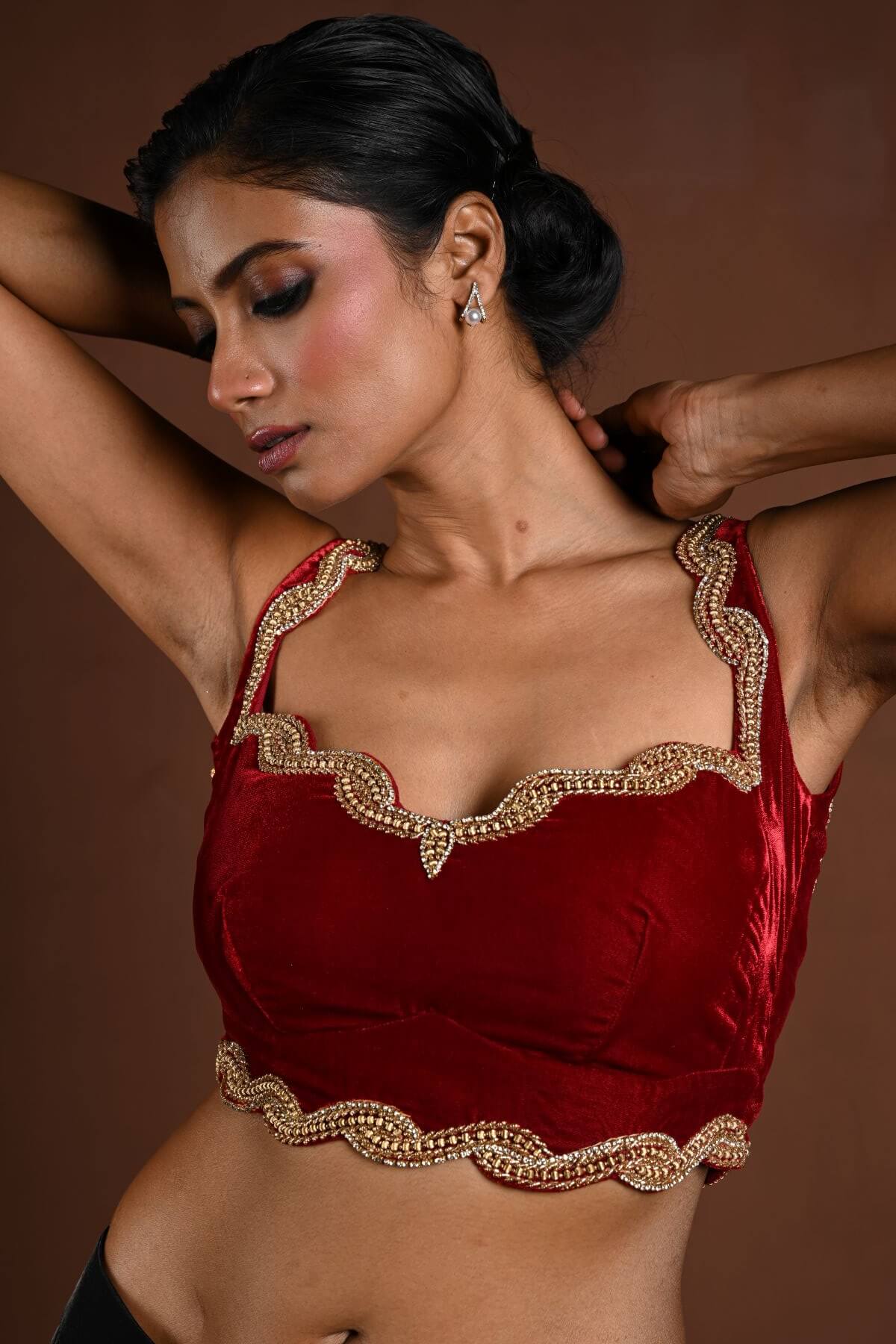 Maroon Sleeveless Blouse in Velvet with Hand Embroidery - Anvi Couture