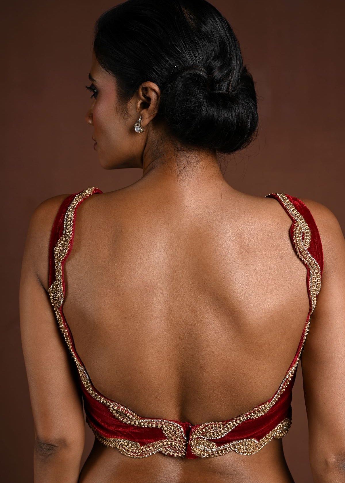 Maroon Sleeveless Blouse in Velvet with Hand Embroidery - Anvi Couture