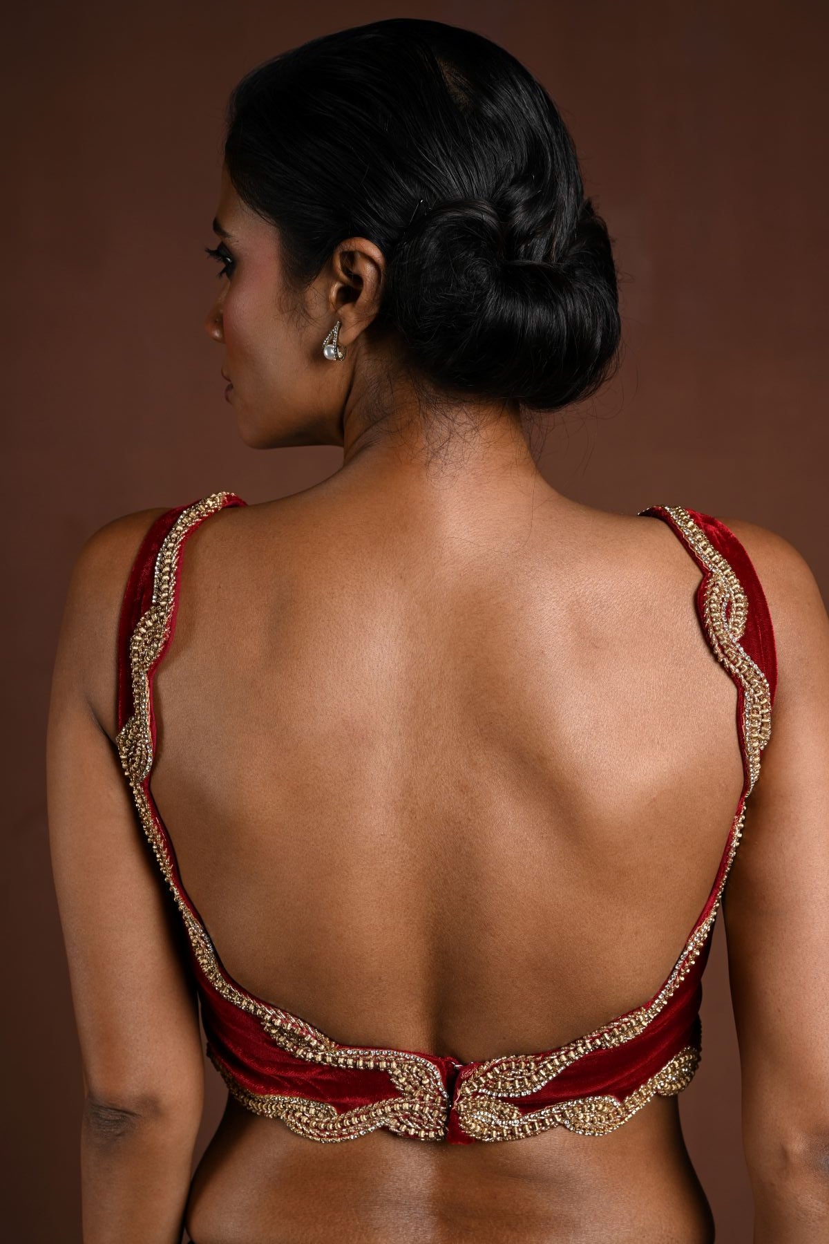 Maroon Sleeveless Blouse in Velvet with Hand Embroidery - Anvi Couture