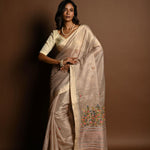 Off - White Saree in Silk Linen with Floral Embroidery Work - Anvi Couture