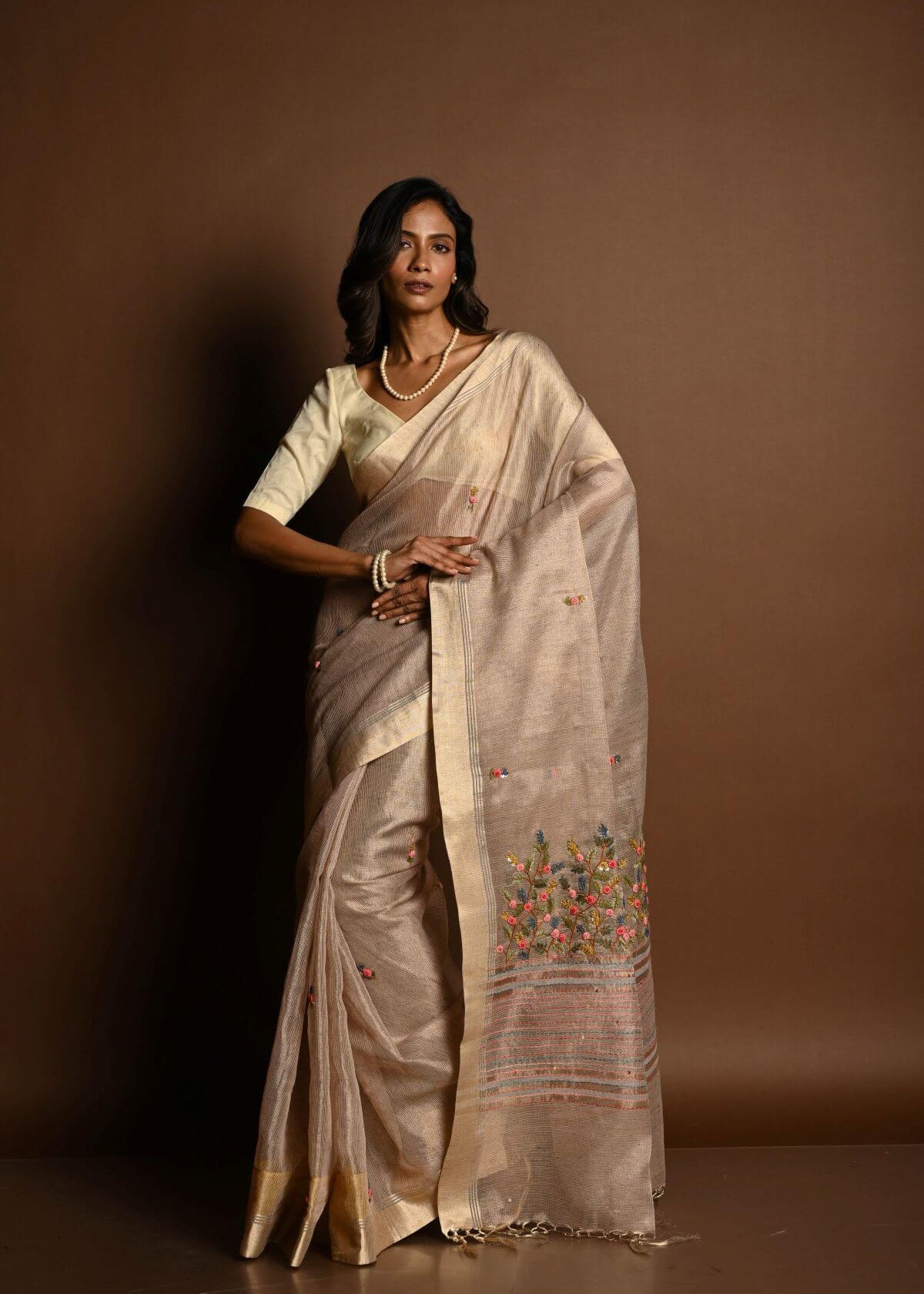 Off - White Saree in Silk Linen with Floral Embroidery Work - Anvi Couture