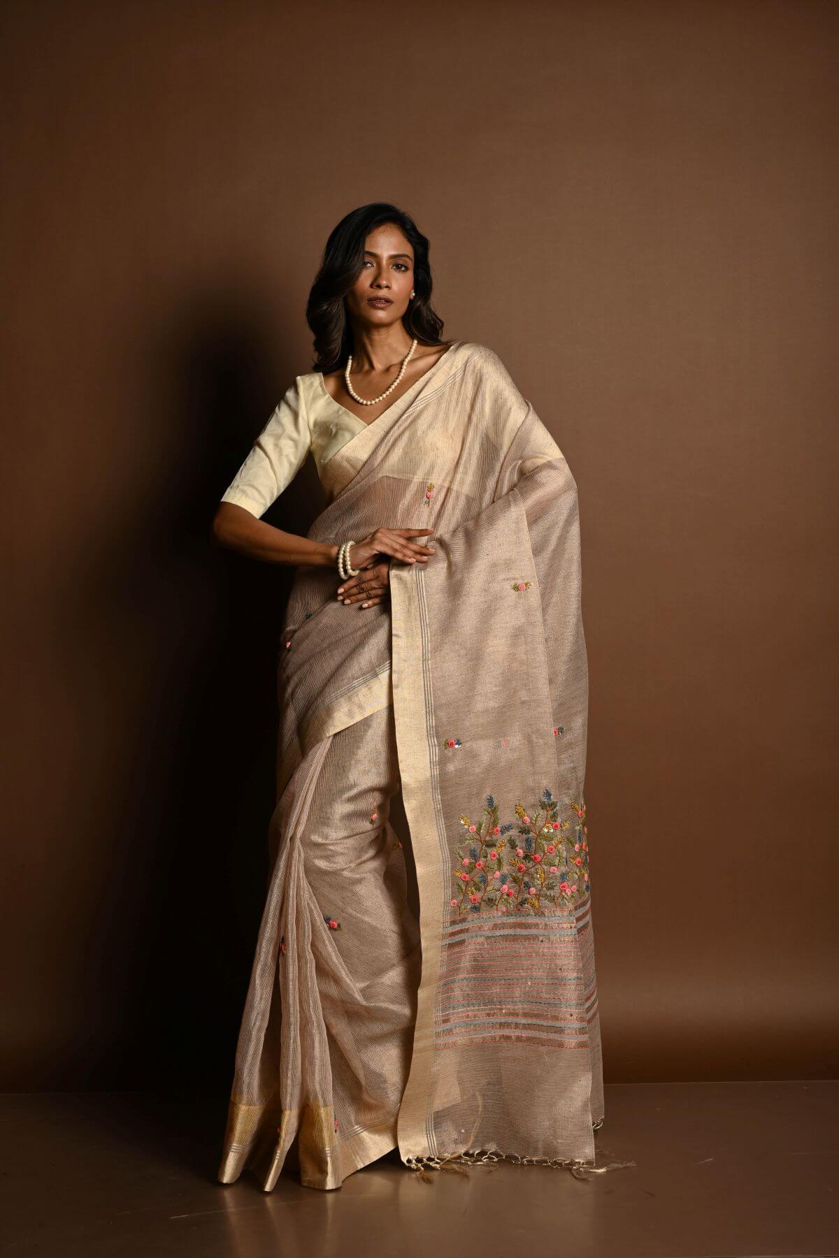 Off - White Saree in Silk Linen with Floral Embroidery Work - Anvi Couture