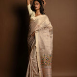 Off - White Saree in Silk Linen with Floral Embroidery Work - Anvi Couture