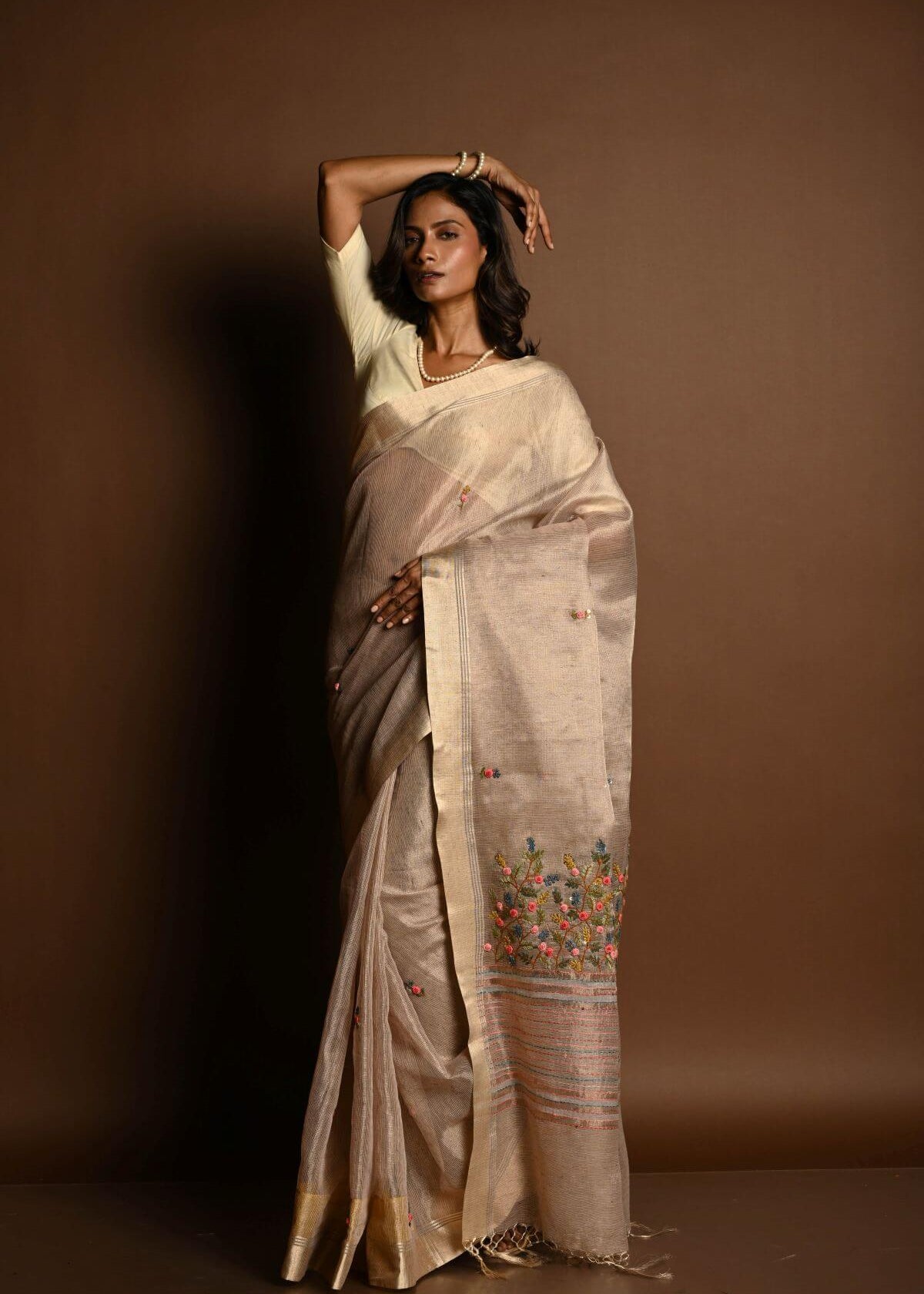 Off - White Saree in Silk Linen with Floral Embroidery Work - Anvi Couture