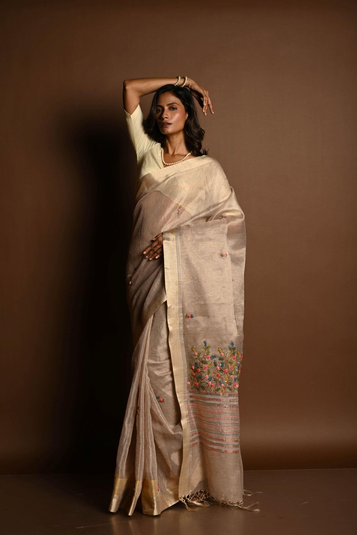 Off - White Saree in Silk Linen with Floral Embroidery Work - Anvi Couture