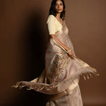 Off - White Saree in Silk Linen with Floral Embroidery Work - Anvi Couture