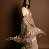 Off - White Saree in Silk Linen with Floral Embroidery Work - Anvi Couture