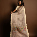 Off - White Saree in Silk Linen with Floral Embroidery Work - Anvi Couture