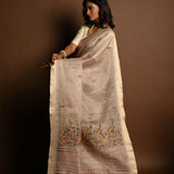 Off - White Saree in Silk Linen with Floral Embroidery Work - Anvi Couture