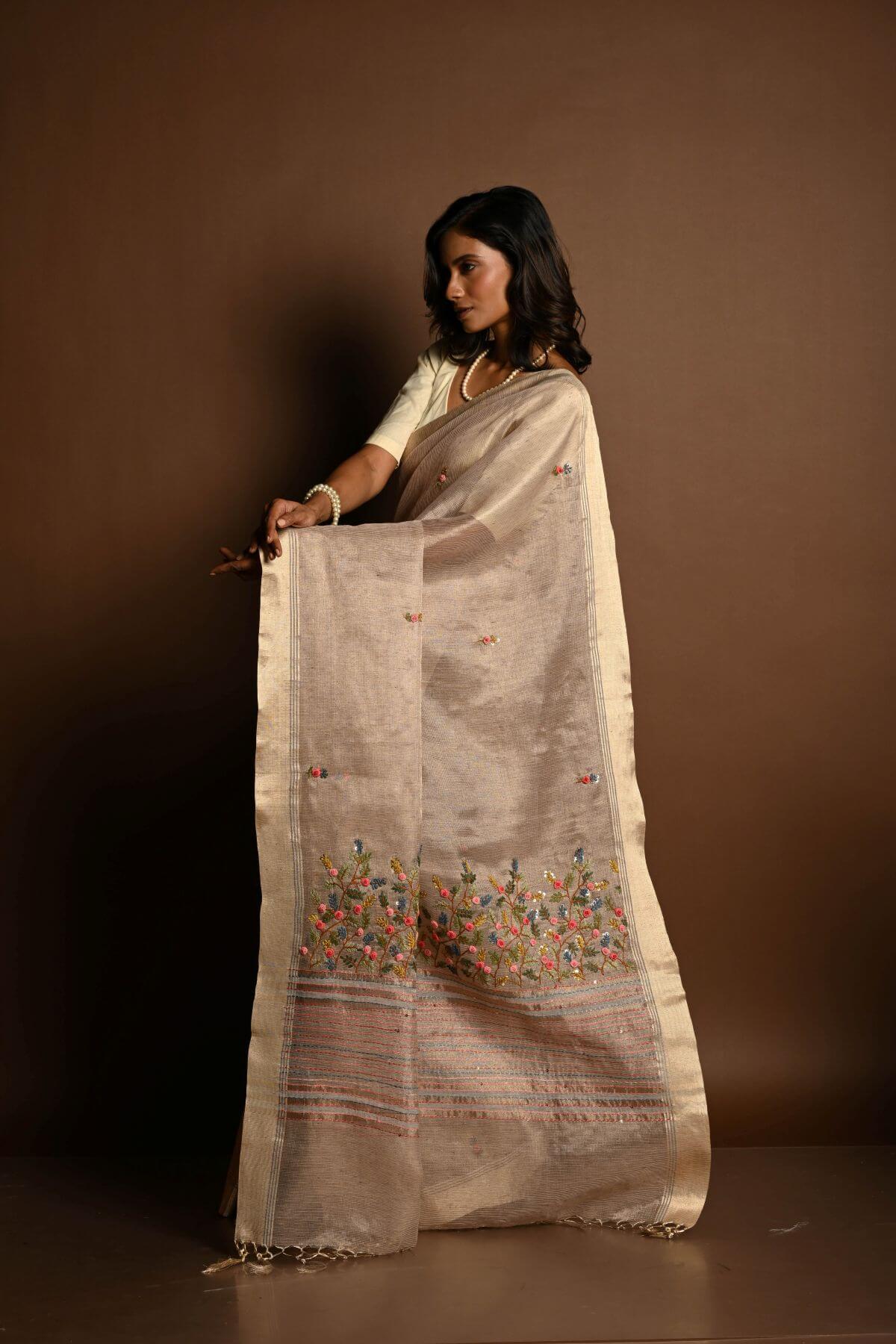 Off - White Saree in Silk Linen with Floral Embroidery Work - Anvi Couture